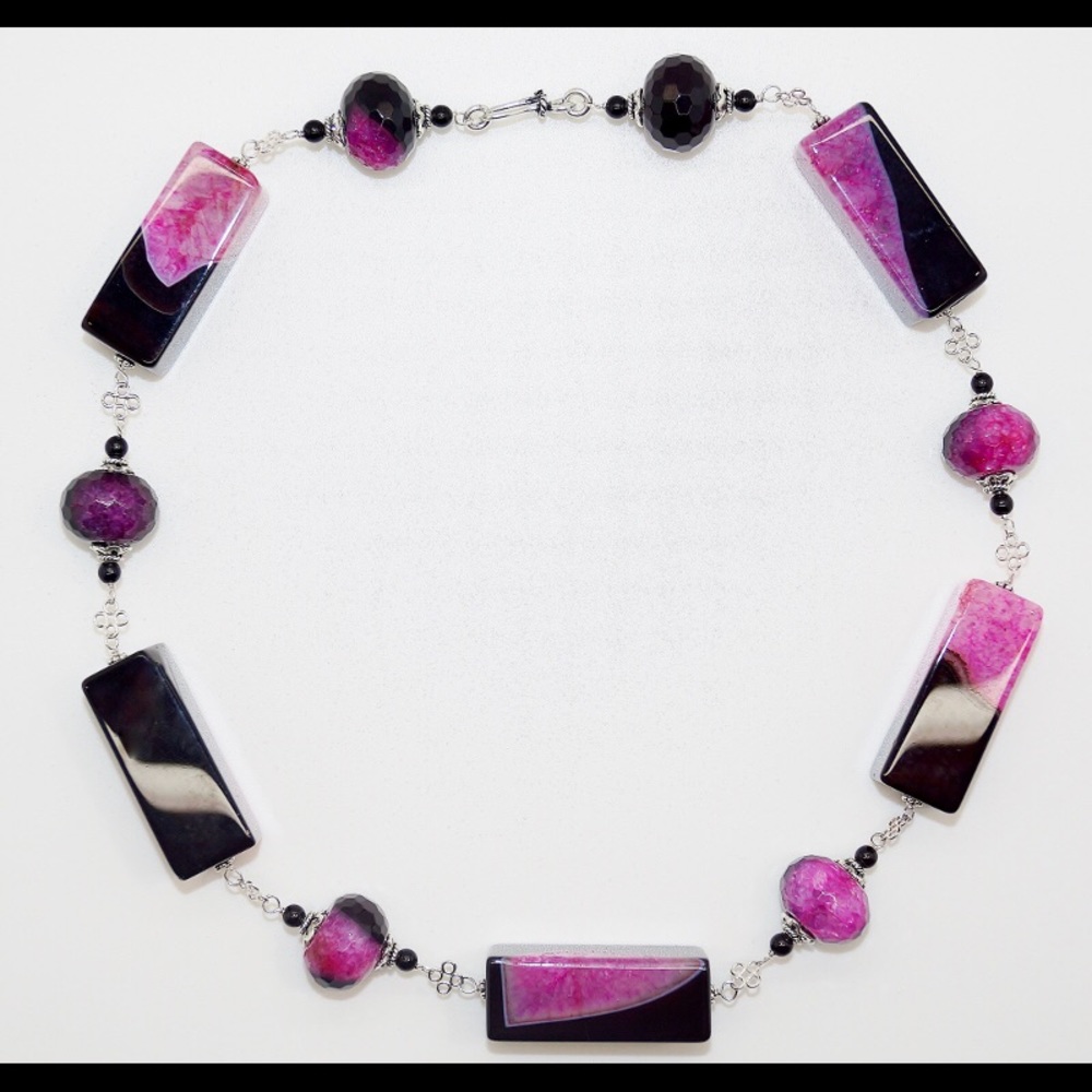 Pink And Black Agate/Onyx Necklace And Earrings